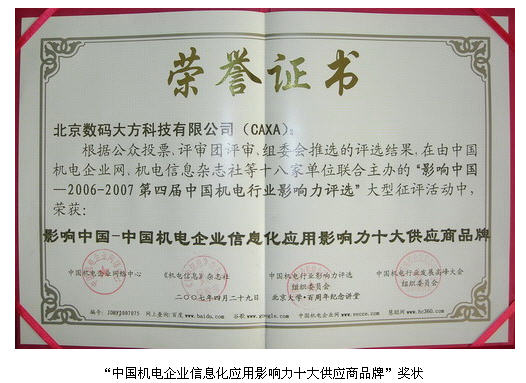 CAXA榮獲“中國機(jī)電企業(yè)信息化應(yīng)用影響力十大供應(yīng)商品牌”