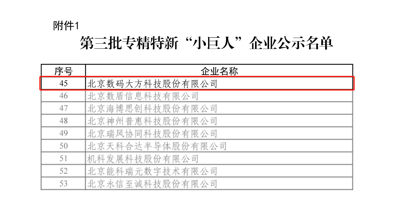 數(shù)碼大方入選專精特新“小巨人”企業(yè)